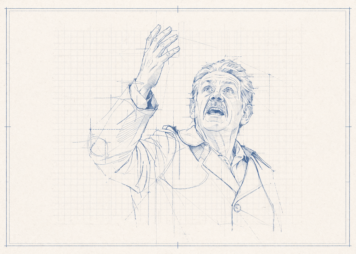 Blueprint-style illustration of a figure reaching upward, drawn in drafting navy on cream paper